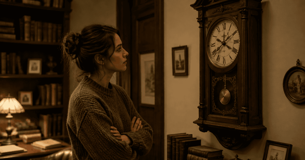 A pensive woman stands with arms crossed inside a classic home library, staring up intently at a large antique grandfather clock to visualize the cost that's hardest to see: time.