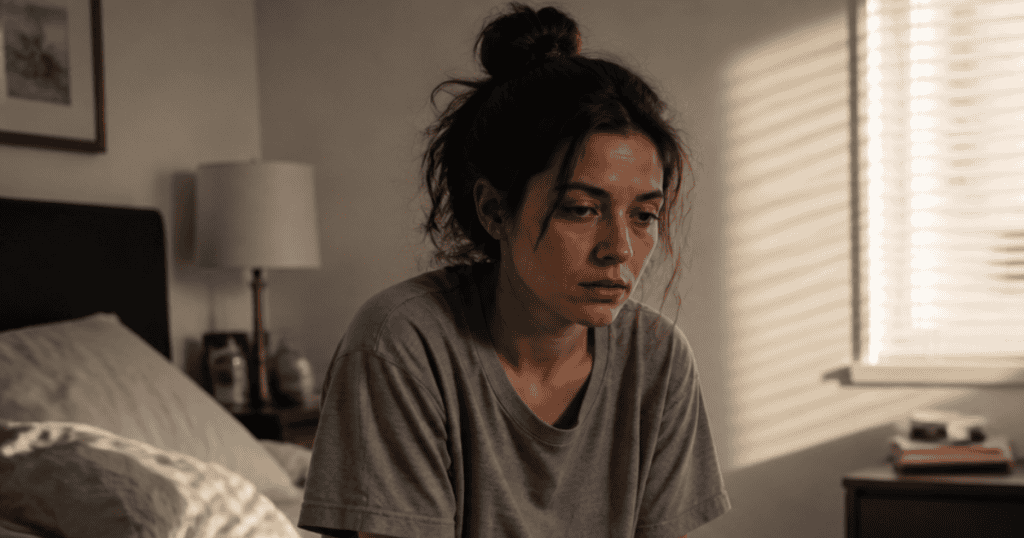 An exhausted woman sits slumped forward on the edge of her bed in a dimly lit bedroom, embodying the heavy physical drain and the emotional cost of what it takes from your energy.