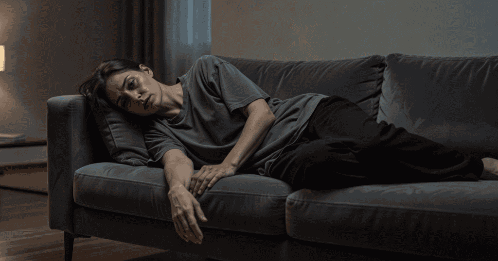 An emotionally depleted woman lies completely flat and listless on a grey fabric couch, staring blankly ahead to reflect the deep, invisible depletion and the hidden cost of forgiving a narcissist.