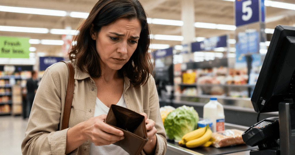 A distressed woman at a grocery store checkout lane looks down with deep worry into an entirely empty brown leather wallet, capturing the literal cost of what it takes from your wallet.