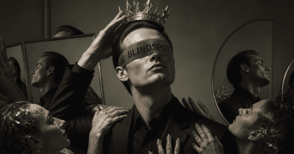 A blindfolded man adjusts a golden crown atop his head while surrounding hands reach out, blind to how self-absorption alienates those who offer support.
