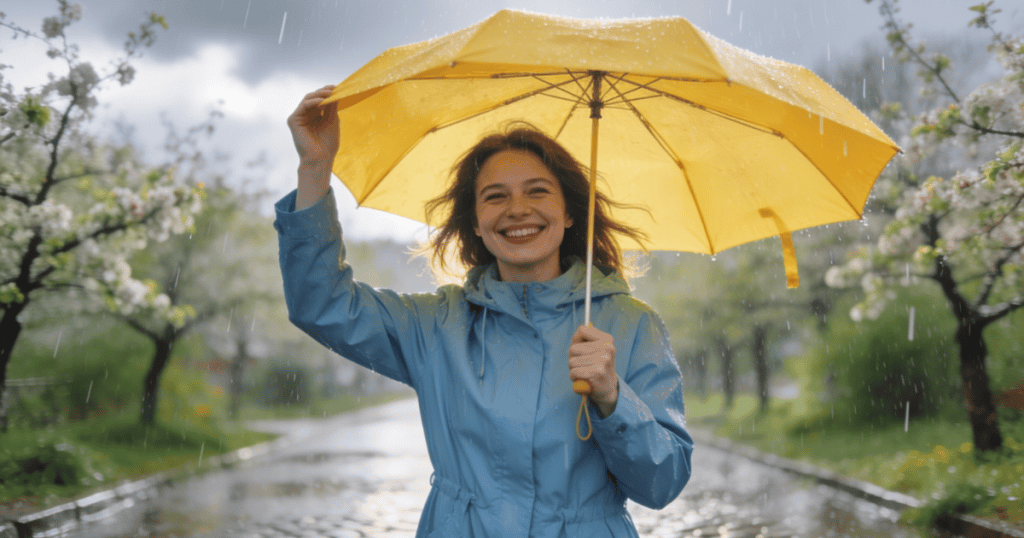 A smiling woman stands under a bright yellow umbrella during a rainstorm, symbolizing a protective shield that keeps external negativity from dampening your inner joy.