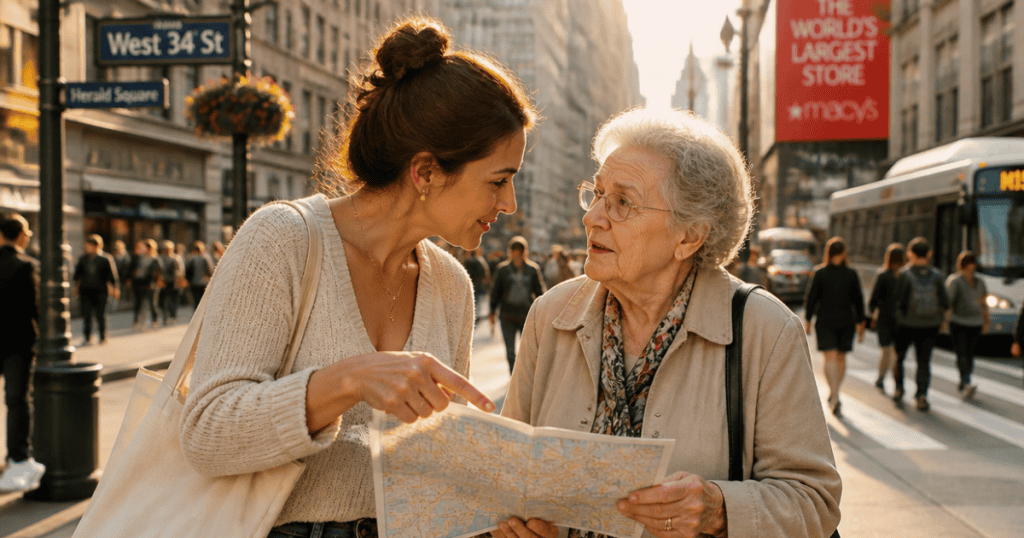 A young woman points at a street map while standing next to an older woman in a busy city, serving as a metaphor for the inner guidance and self-preservation lost when a boundary is abandoned.
