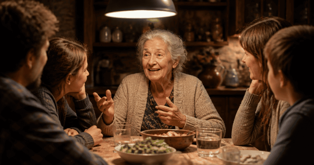 An elderly woman holds court at a rustic dining table while speaking animatedly to an attentive family group, subtly portraying a narrative spin and what to do when they've already beaten you to the story.