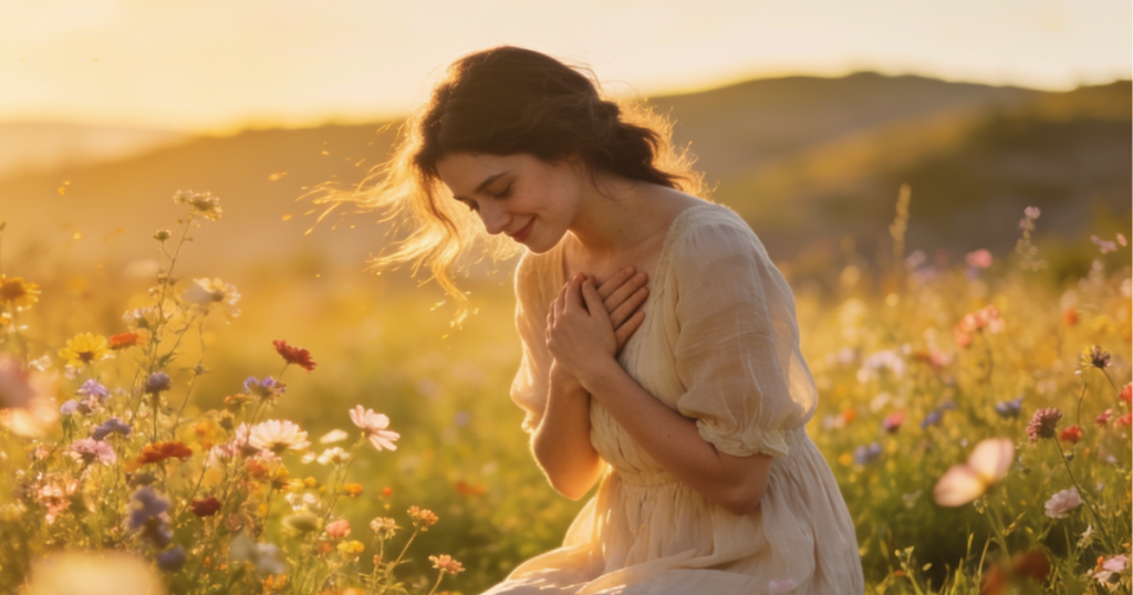 A woman kneels serenely in a sun-drenched field of vibrant wildflowers with her hands placed over her heart, beautifully illustrating the profound inner peace of the only forgiveness that actually pays you back.