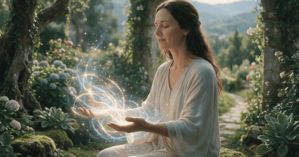 A serene woman sits in a vibrant garden holding glowing streams of light in her open hands, representing the quiet cultivation of inner warmth and peace.