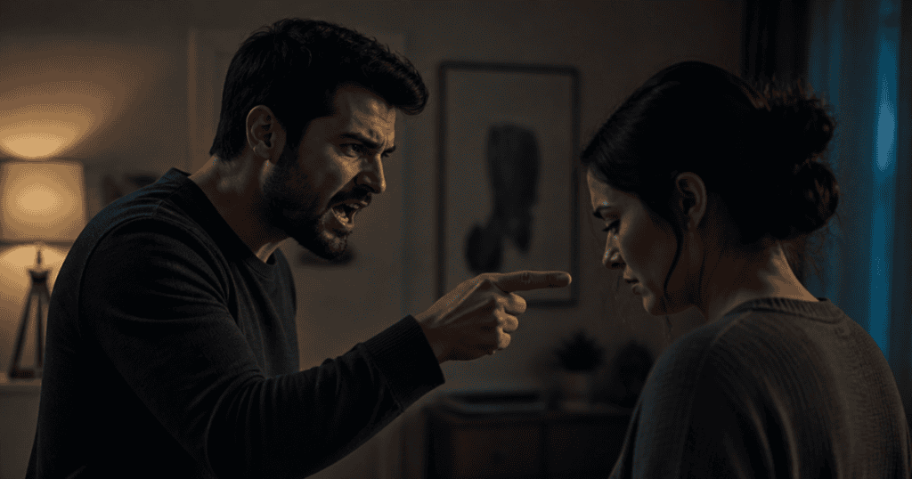 A man with an intense expression aggressively points his finger at a downcast woman who looks away, vividly portraying the weight of harsh verbal confrontation.