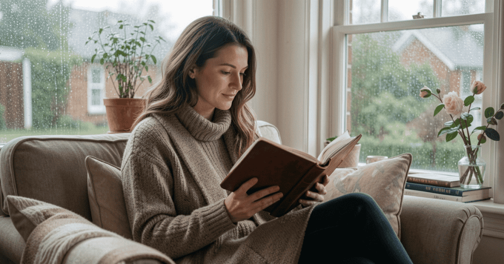 A woman relaxes comfortably in an armchair near a rain-streaked window while reading a leather-bound book, reflecting a peaceful sanctuary cultivated far away from external chaos.
