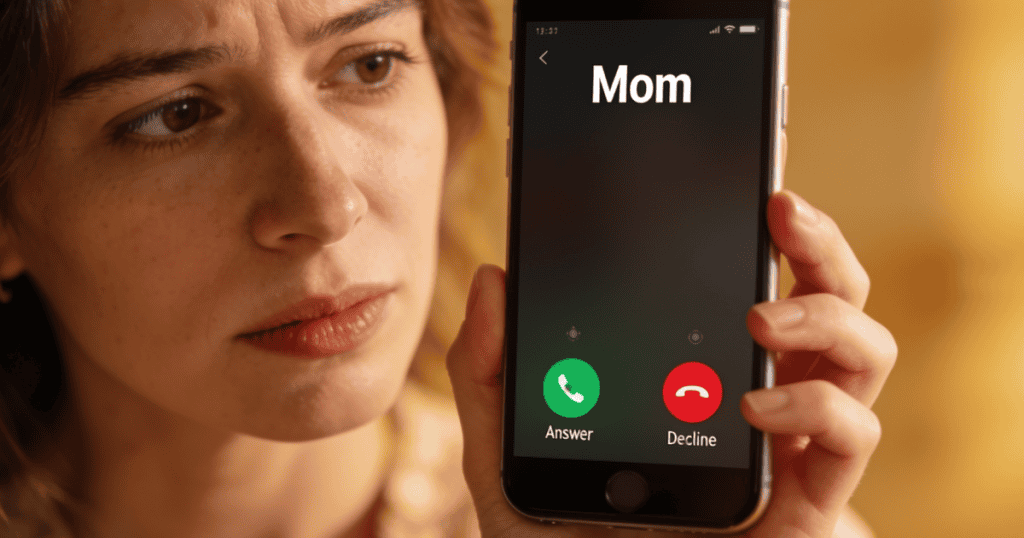 A hesitant woman holds up her smartphone to reveal an incoming call from "Mom," showcasing the active boundary of realizing that not every fabrication or provocation requires your reaction.