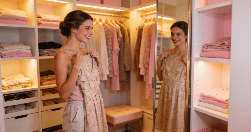 A cheerful woman smiles at her reflection in an organized pink closet while holding up a dress, deciding whether her choice will reflect past expectations or a fresh chapter.