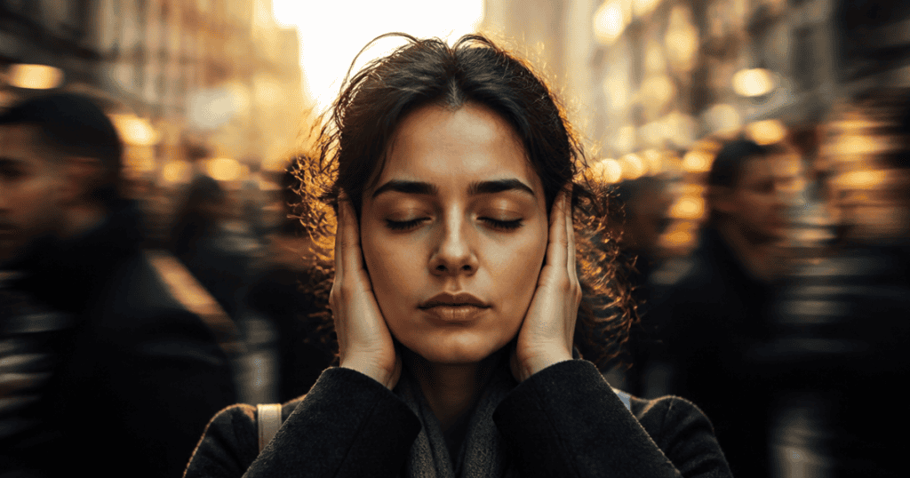 A woman stands with her eyes closed and hands over her ears in a bustling city street, anchoring herself in inner peace rather than the external noise of deceit.