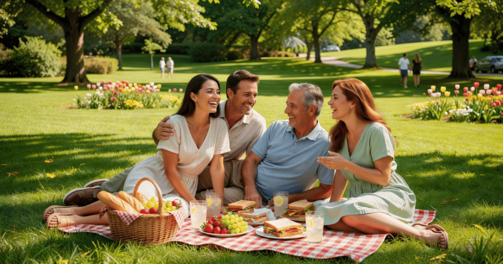 A happy group of adults enjoys a sunlit picnic on a grassy lawn surrounded by blooming flowers, demonstrating that someone's desire to see you hurt says nothing about your inherent value.