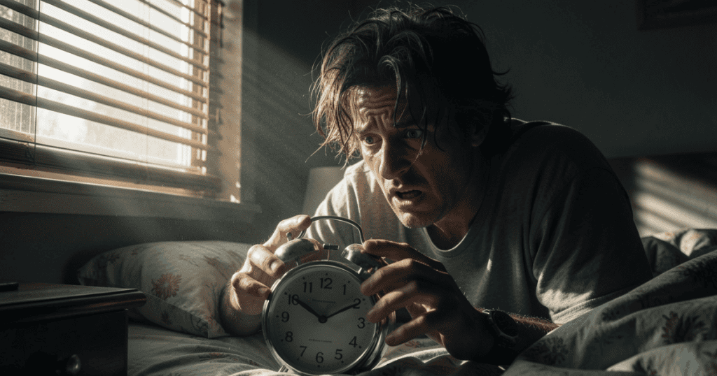 A disheveled man wide awake in bed stares in absolute shock at a large alarm clock in his hands, symbolizing how an antagonist's ending marks the arrival of your new beginning.