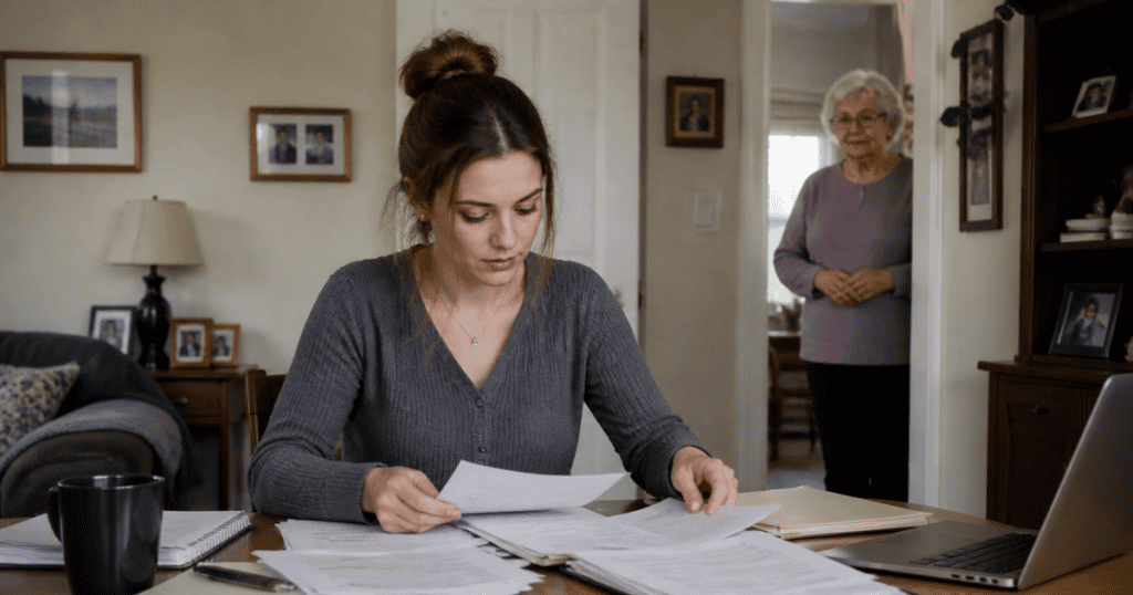 A young woman intently studies documents at her desk while an older woman watches silently from a doorway, subtly illustrating the quiet pressure of feeling constantly monitored.