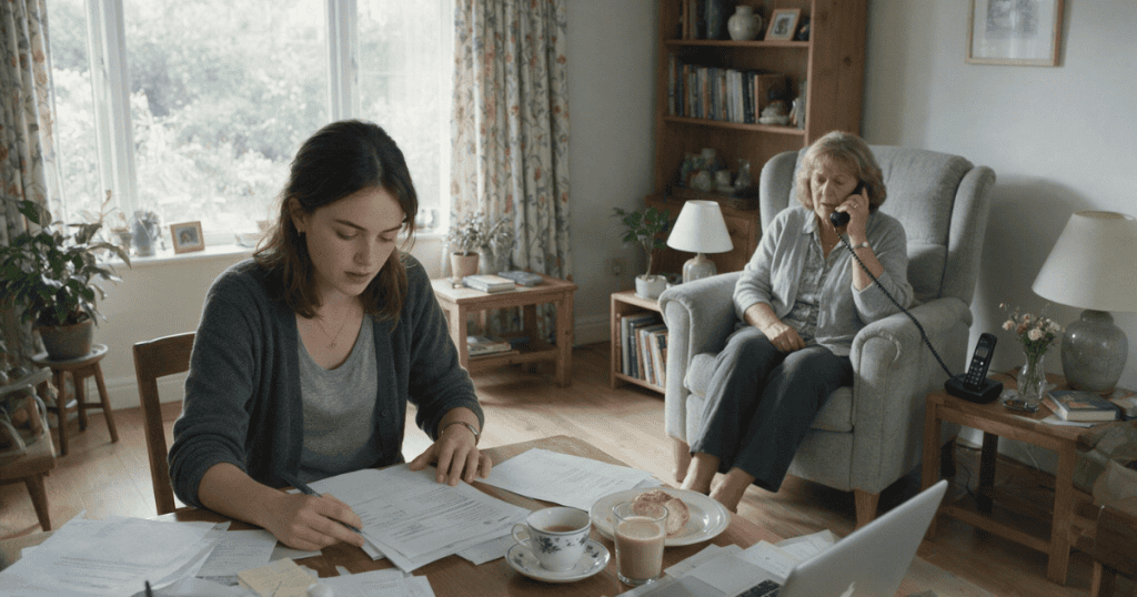 A young woman sits at a table sorting through paperwork while an older woman talks on the phone, taking for granted the quiet efforts of those who carry the daily load.