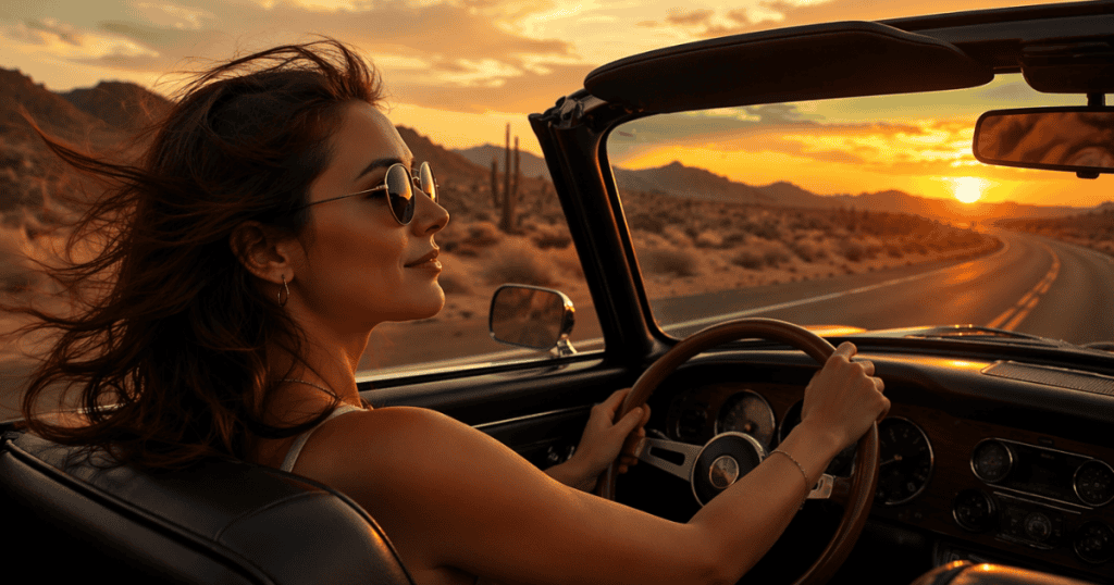 A woman drives a classic convertible down a winding desert road at sunset with her hair blowing in the wind, beautifully illustrating a clean break and the difference between crying wolf and actually going.