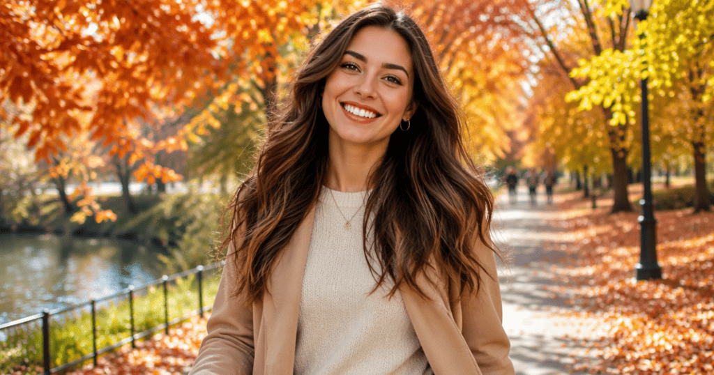 A woman walks smiling down a path strewn with vibrant autumn leaves, thriving in her own light long after stepping away.