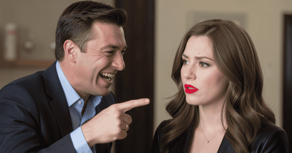 A man in a suit laughs mockingly while pointing his finger directly at a woman's face, illustrating how cruel criticism can be used to control someone's personal expression.