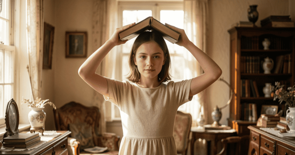 A young girl stands in a vintage living room balancing a large hardcover book on top of her head, visually portraying the rigorous behavioral training of a childhood that proves they weren't born this way — they were built this way.