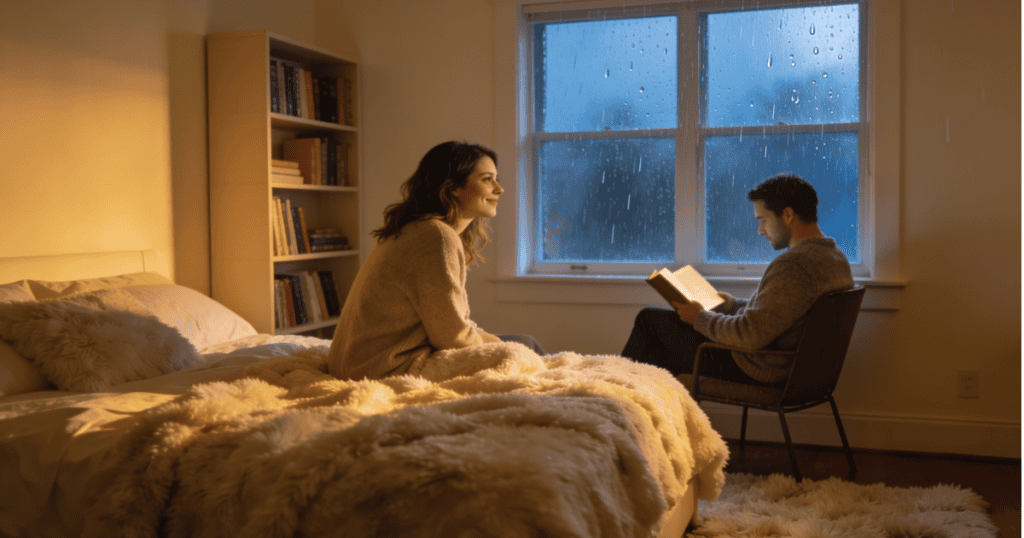 A woman on a cozy bed looks warmly toward a man reading a book by a rainy window, capturing how calm and cooperative conflict resolution feels when you are finally secure.
