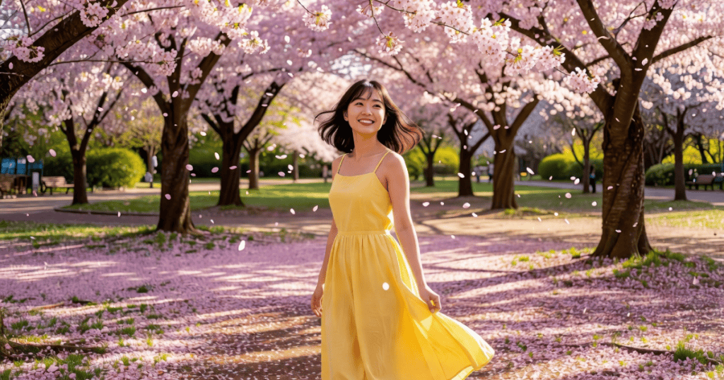 A happy woman in a yellow dress strolls under blooming cherry blossom trees, illustrating the beauty and wisdom gained after surviving real pain.