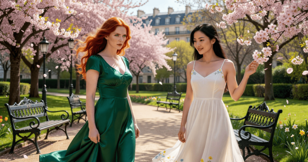 Two women walk in a sunlit park under blooming cherry blossoms, observing distant turmoil with calm detachment.