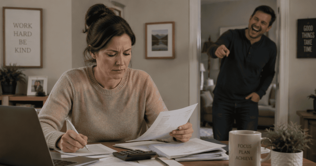 A woman sits intently at a desk working on documents while a man in the doorway laughs and points at her, illustrating how relentless disrespect and mockery steadily erode your peace of mind.