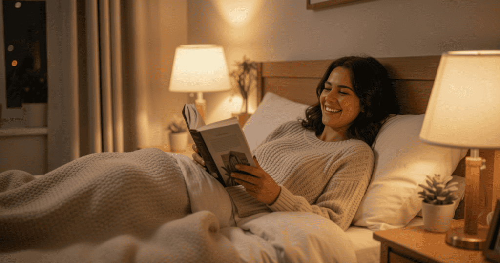 A woman relaxes happily in bed while reading a book under warm lamplight, embodying the genuine peace and personal clarity that lies beneath all the noise.