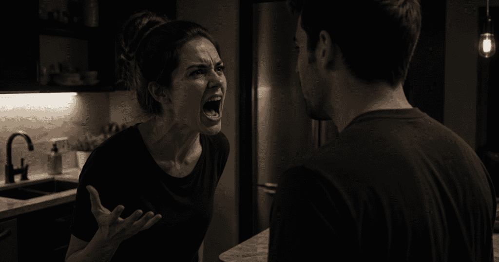 A woman shouts angrily in a dark kitchen at a man standing opposite her, depicting the intense emotional outburst that occurs when endless pressure finally reaches a boiling point.