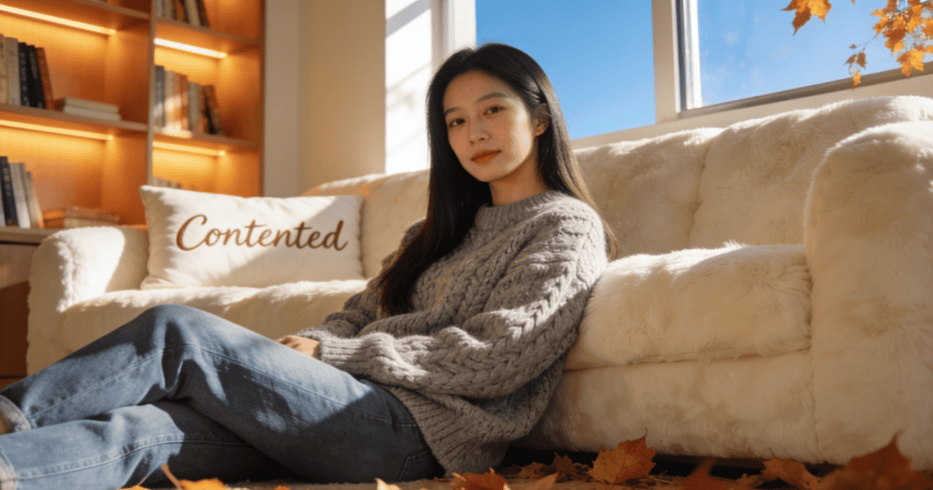 A relaxed woman rests on the floor next to a plush sofa featuring a "Contented" pillow, embodying the peaceful peace of mind reclaimed by standing firm.
