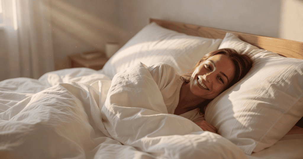 A woman beams happily as she lies in a bright, sun-drenched bed, showcasing the resilient inner joy that no toxic person can ever steal.