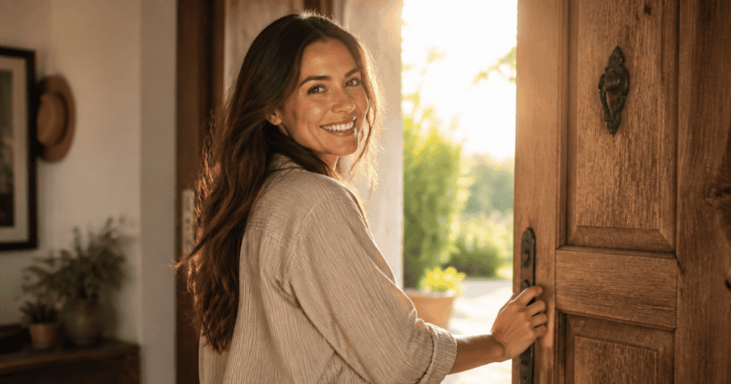 A smiling woman opens a large wooden door to step out into warm sunlight, illustrating the expansive sense of freedom and joy that comes with starting a fresh chapter.