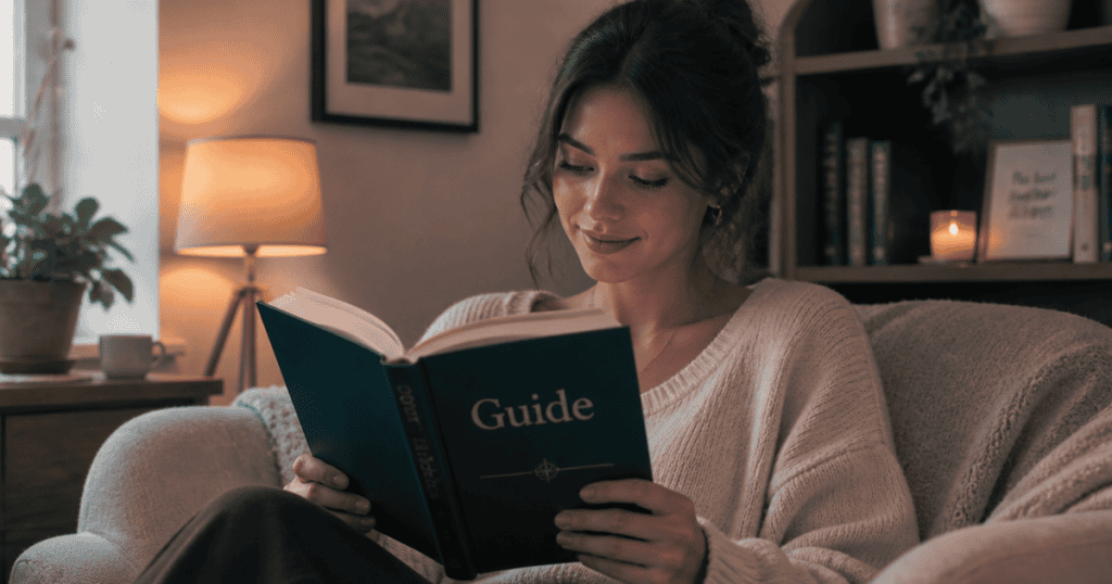 A relaxed woman smiles as she reads a book with the word "Guide" printed on its cover, symbolizing the quiet, daily habits that steadily restore your peace of mind and self-worth.