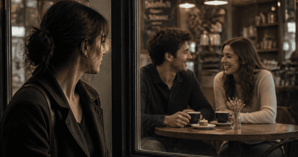 A woman in a dark coat looks through a café window at a happy couple laughing over coffee, highlighting the poignant distance felt when watching warmth from the outside.