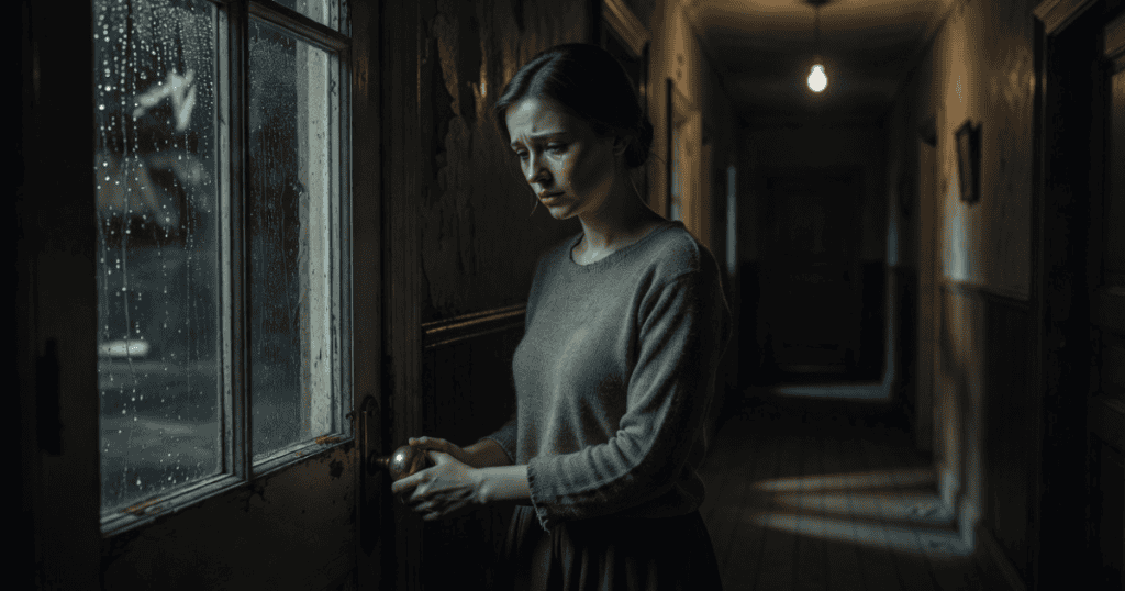 A tearful woman stands alone in a dark hallway clutching a doorknob by a rainy window, capturing the emotional aftermath when someone walks away because you refuse to yield.
