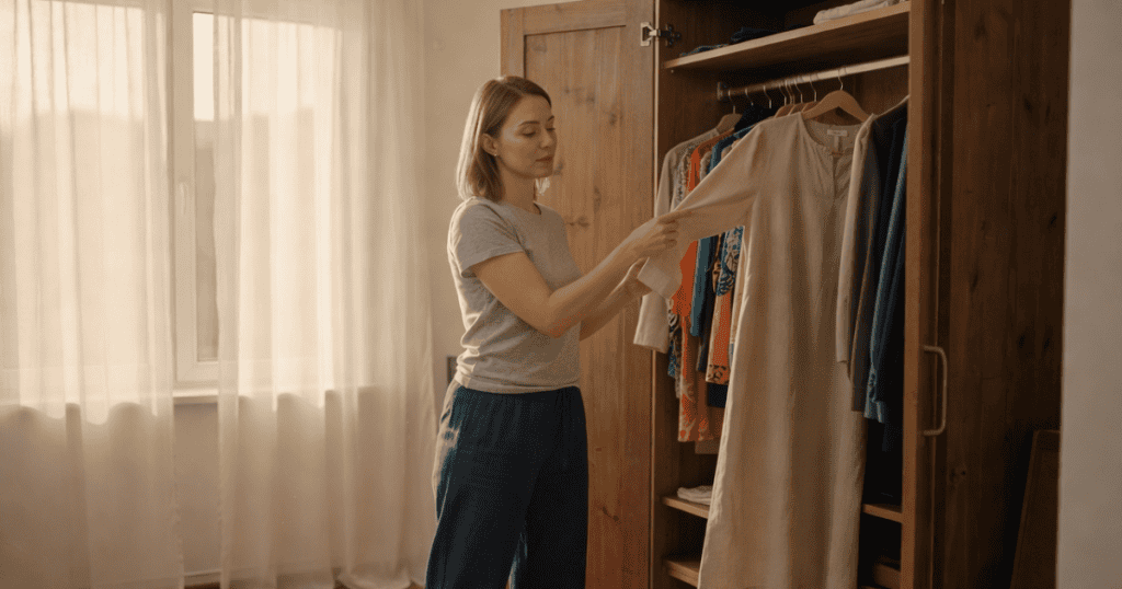 A woman carefully examines the sleeve of a simple neutral dress hanging inside a wooden wardrobe, thoughtfully considering how her wardrobe choices will shape her path forward.