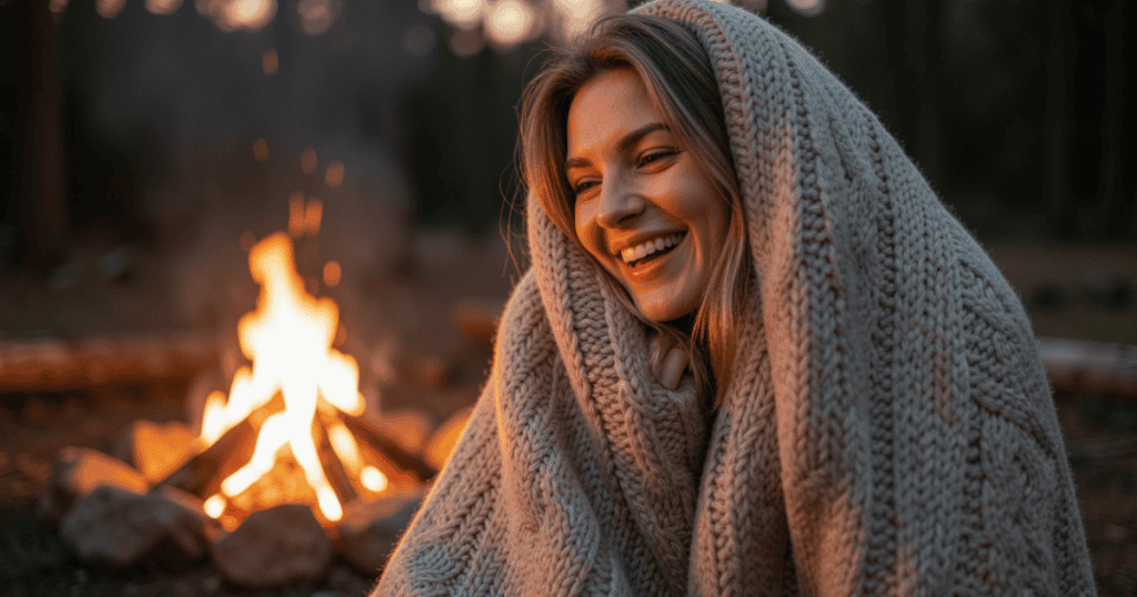 A woman smiles warmly while wrapped tightly in a thick blanket next to a cozy campfire, representing how to cultivate personal comfort and warmth when your environment cannot be changed.