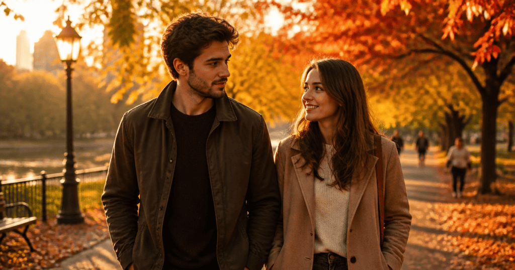 A man and woman smile warmly at each other while strolling down a sunlit, autumn-covered path, embodying the simple comfort of mutual presence and easy understanding.