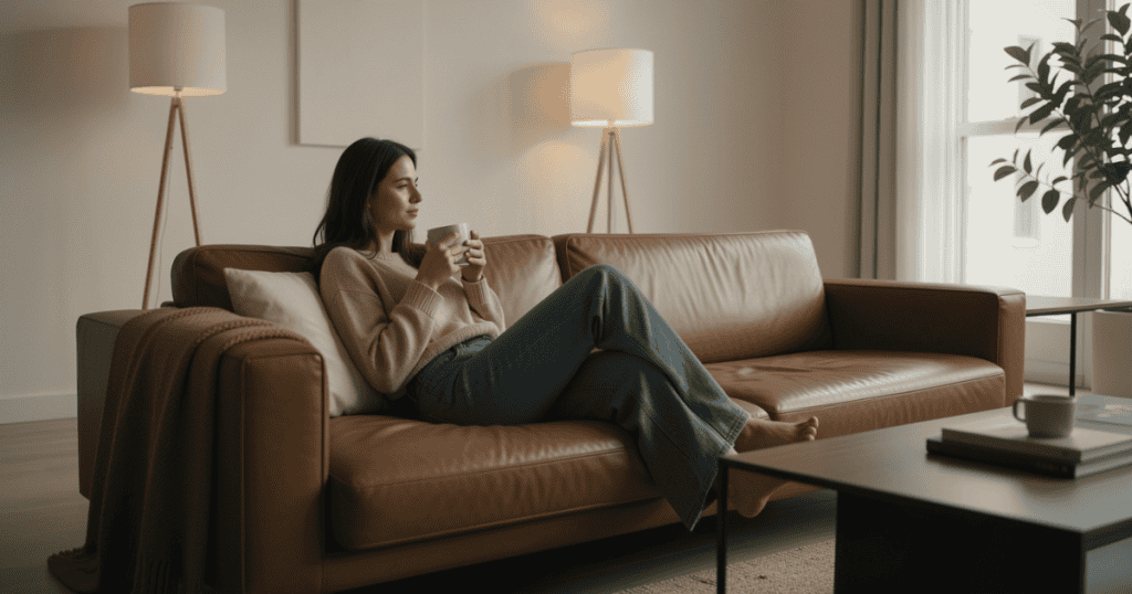 A woman sits comfortably on a brown leather couch holding a warm mug while looking out across a minimalist room, embodying the calm relief of an undisturbed mind.