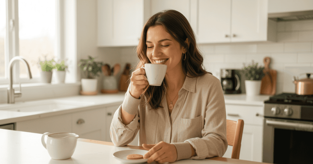 A woman smiles warmly while sitting at a kitchen table and taking a sip from her mug, embodying the realization that you can choose to enjoy your own life without waiting for someone else to change.