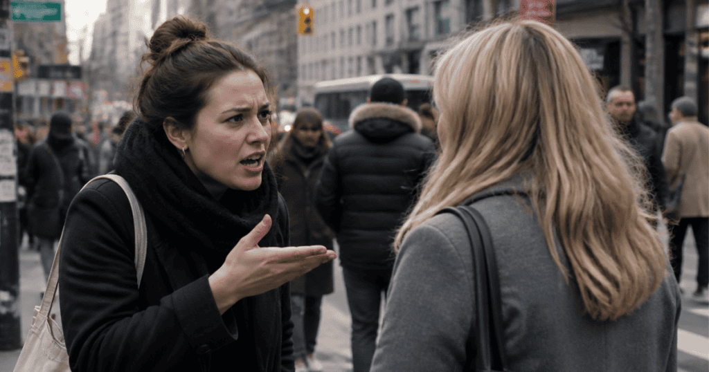 An intense confrontation unfolds on a busy city sidewalk as an animated woman in a black coat gestures sharply while arguing with another person, illustrating why forgiving a narcissist is a different kind of transaction.