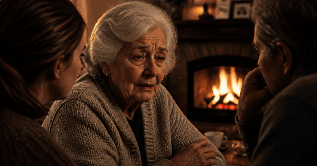 An older woman with a deeply worried and tearful expression speaks intensely to two family members by a warm fireplace, capturing a tense private meeting that shows why narcissists need the world to know before you do.