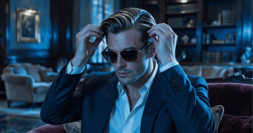 A sharply dressed man sits on a velvet couch in a dim room while carefully adjusting his hair and sunglasses, portraying a curated surface designed to maintain total control over how he is seen.