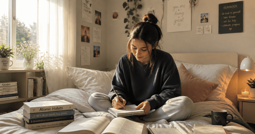 A young woman sits cross-legged on her bed journaling among books and positive wall notes, showing how intentional self-reflection helps break damaging cycles rather than continuing them.
