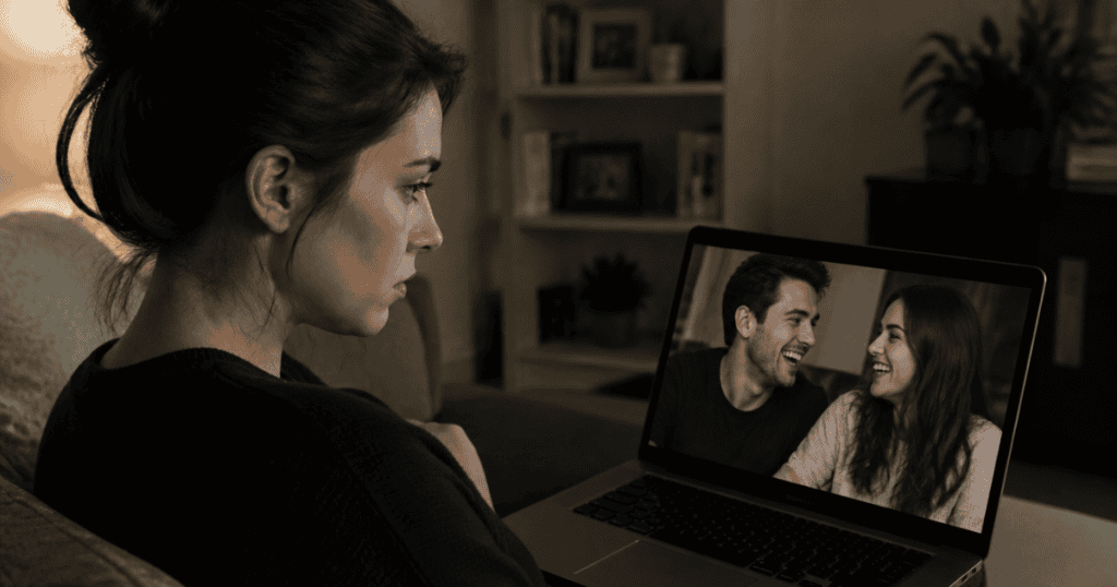 A woman sits in a dark room watching a video on her laptop of a happy couple sharing a laugh, observing a distant happiness that seems completely separated from her current reality.