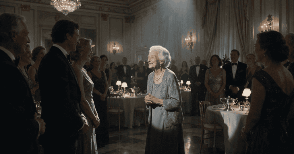 An elderly woman stands at the center of an elegant, crowded banquet hall, surrounded by onlookers whose temporary attention will eventually fade.