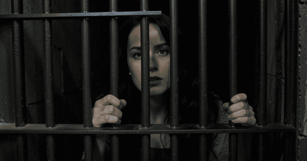 Woman behind bars symbolizing narcissist entrapment and psychological barriers.