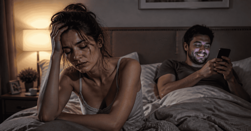A woman sits on the edge of a bed holding her head in distress while a man behind her smiles at his phone, highlighting the emotional isolation that stems from a partner’s complete disregard for shared consequences.