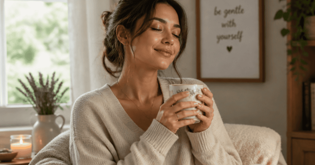 A relaxed woman holds a warm mug with a gentle smile next to a sign that says "be gentle with yourself," reflecting the deep self-compassion cultivated by those who have emotionally healed.