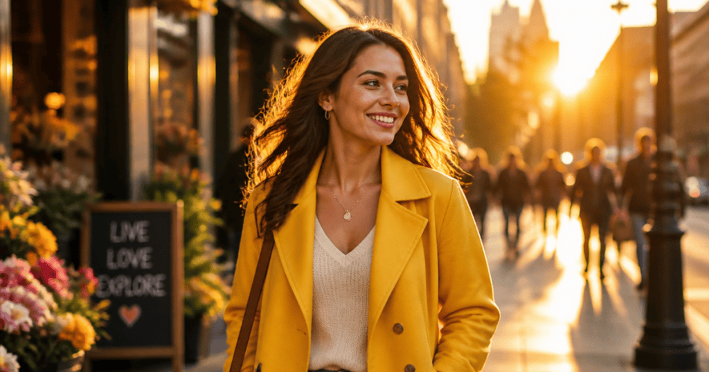 A woman in a bright yellow coat walks confidently down a sunlit city street, discovering that true wholeness comes from moving forward into her own vibrant future.